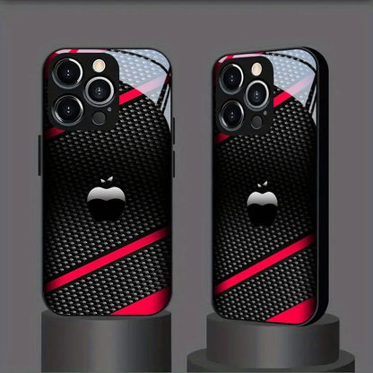 Black Carbon Fiber For Apple Pattern Glass Phone Case For iPhone 17 16 15 14 Pro Max 13 12 11 16E 17Air 7 8 Plus XR XS X Cover