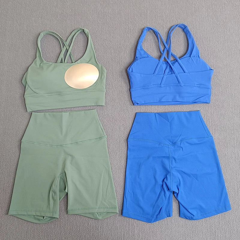 Women's 2-Piece Yoga Set Tights Shorts For Woman Cross Back Bra Top + High Waist Shorts Fitness Running Workout Tracksuit