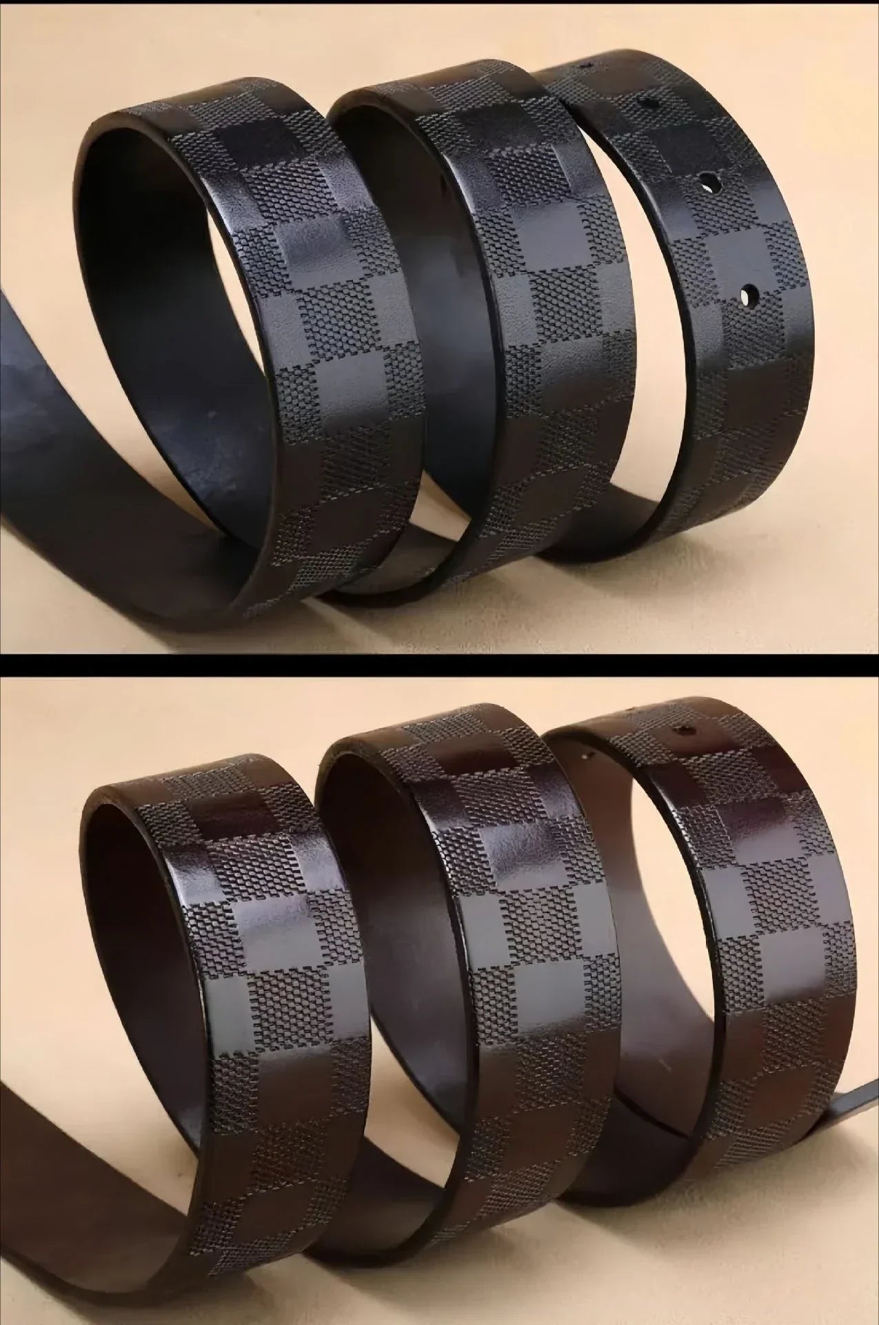 Light Luxury Mens Leather Belt Smooth Buckle Genuine Cowhide Perforated Pattern Fashion Trendy High End Versatile