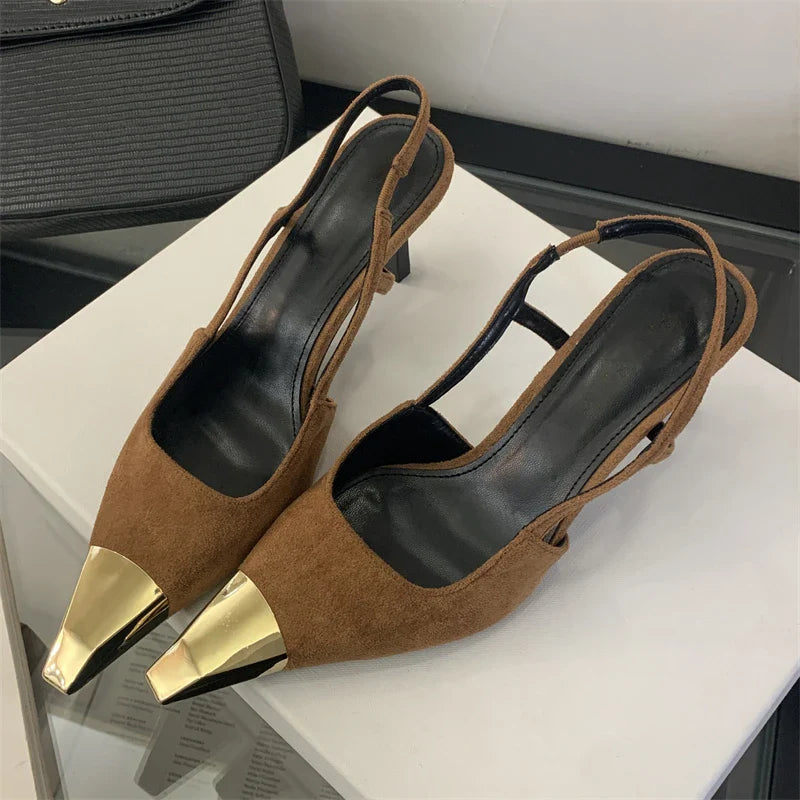 Street Style Sexy Pointed Toe Slingbacks Pumps Women Stripper Sandals High Heels Female Banquet Shoes Brown Kitten Heels