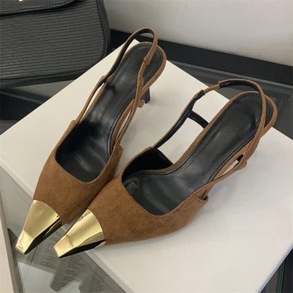 Street Style Sexy Pointed Toe Slingbacks Pumps Women Stripper Sandals High Heels Female Banquet Shoes Brown Kitten Heels