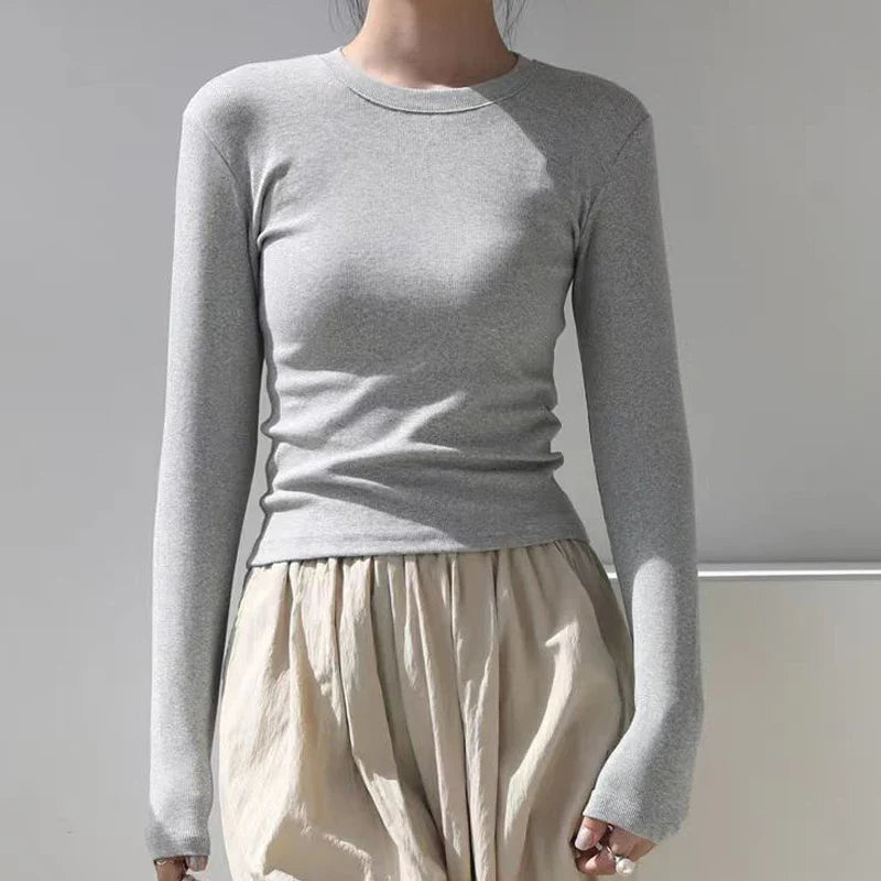 Camisa Feminina Gola O Manga Longa de Algodão Sexy Cropped Tops Outono 2025 Preta Casual Skinny Slim Básica Camisetas Femininas Roupas Brancas