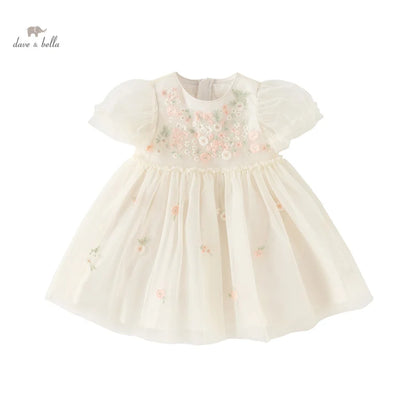 Children's Princess Dress for Girls 2025 New Summer Floral Puff Sleeves Mesh Charm Noble Cute Sweet Party DB2240549