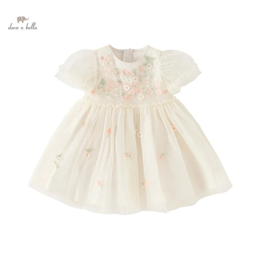 Children's Princess Dress for Girls 2025 New Summer Floral Puff Sleeves Mesh Charm Noble Cute Sweet Party DB2240549