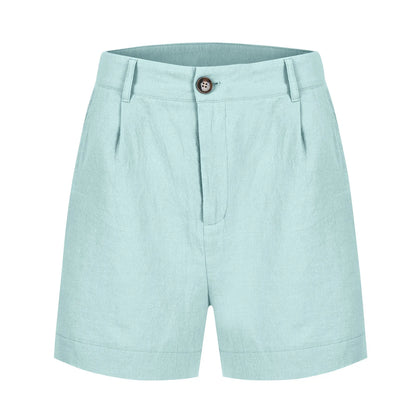 Cotton Linen Solid Shorts For Women Button High Waist Summer Loose Casual Pockets Shorts Female Pants Women Clothing