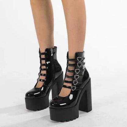 Block Heels Pumps for Women Fashion Multi Buckle Strap Heart Design Dress Shoes Side Zipper High Heels Mary Jane Shoes