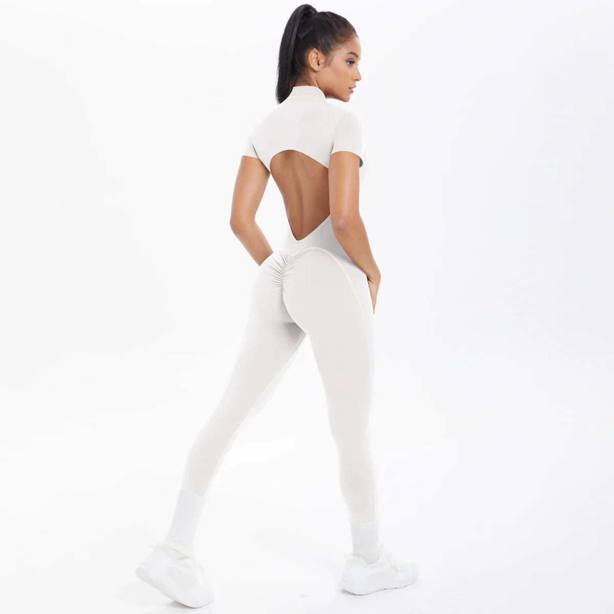 Short Sleeved Fitness Jumpsuit for Woman Bodysuits Backless Solid Color Scrunch One-Piece Suit Half Zipper Gym Yoga Sets Womens
