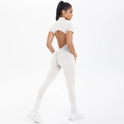 Short Sleeved Fitness Jumpsuit for Woman Bodysuits Backless Solid Color Scrunch One-Piece Suit Half Zipper Gym Yoga Sets Womens