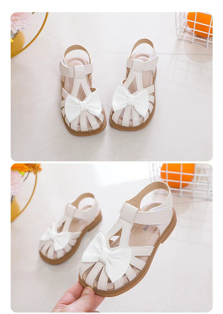 Cute Girls Sandals Bow Peep-toe 2023 New Soft Hook & Loop Beige Kids Princess Shoes Casual Shoes PU Cute Children Shoes Non-slip