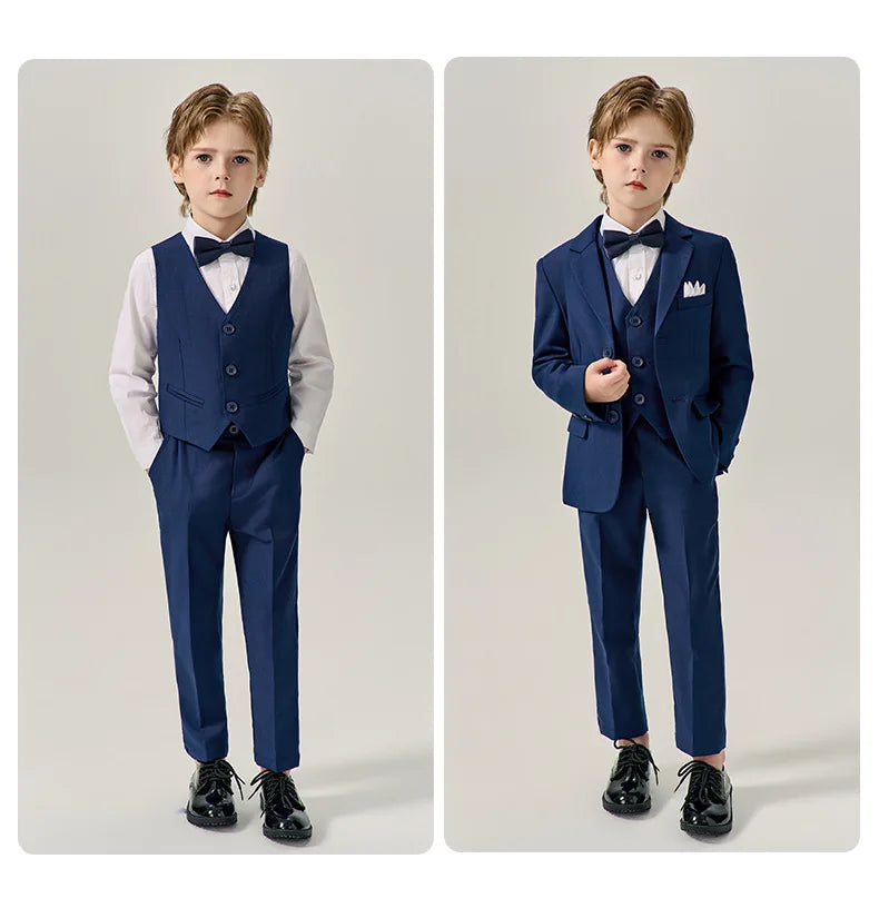 Boys Dark Green Jakcet Vest Pants Bowtie Evening Party Dress Children Wedding Photograph Suit Kids Ceremony Performance Costume