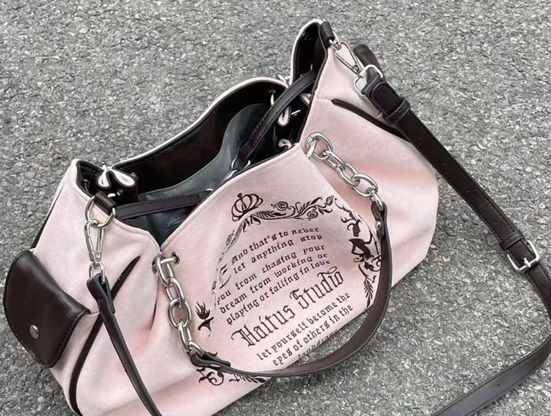 Bolsa Tote Feminina Rosa Vintage Y2K Gótica Estética Grande Capacidade Bordado Letra Retrô Corrente Grunge Viagem Ombro