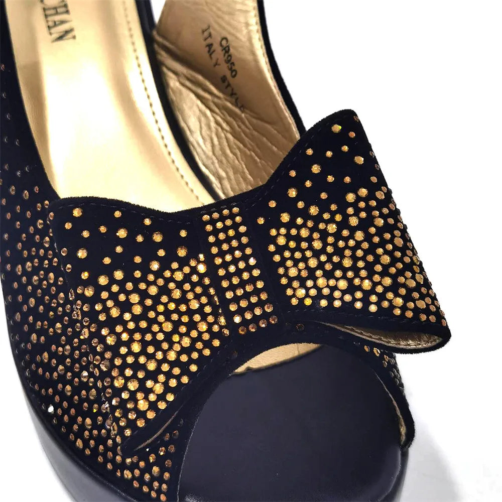 Silver Fashion Square Heels with Platform African Women Shoes and Bag Set Full Crystal Pumps for Wedding Party