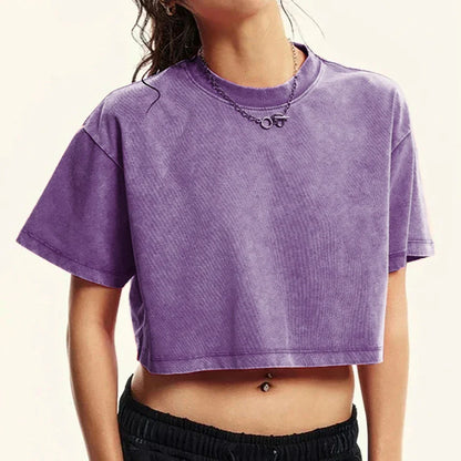 Solid Slim Washed T-Shirt Female Fashion Soft Cotton Streetwear Casual Sport Short Sleeve Cool Retro Crop Clothing For Women
