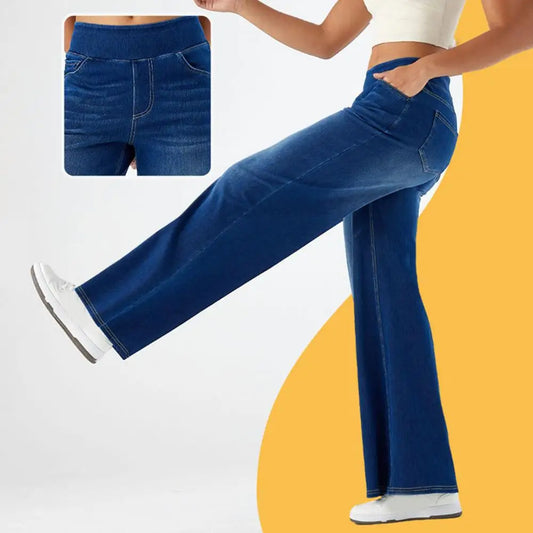 Wide Leg Jeans Solid Color Elastic High Waist Lady Pants