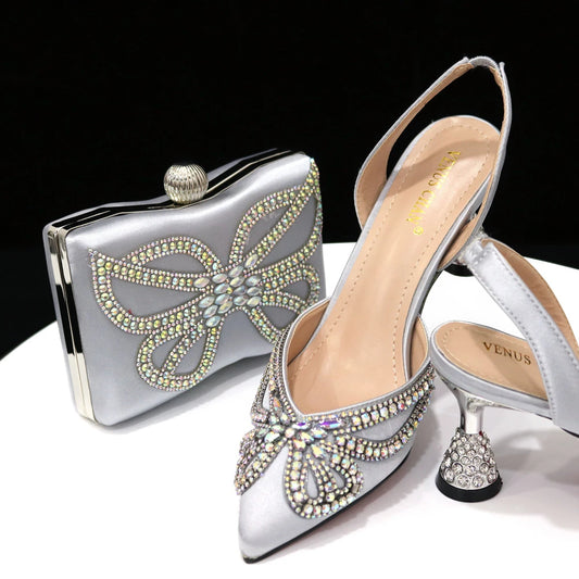 Elegant Green Bling Bow Pointed Toe Pumps for Women 2024 Party italian Rhinestones shoes and bags matching set