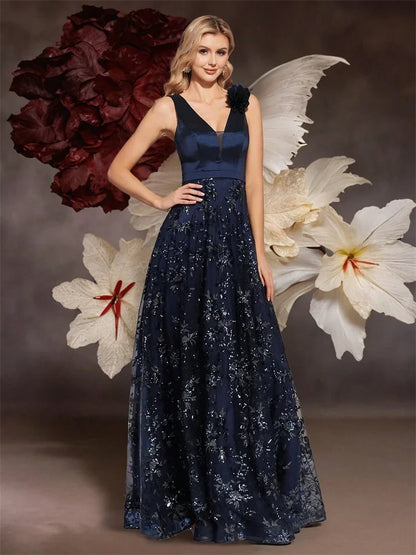 Vestido de Festa Elegante Dourado Floral com Decote em V Longo 2024 Luxo Feminino Chiffon sem Mangas para Baile Coquetel