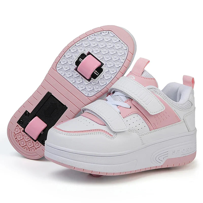 Autumn 2025 Kids Walking Shoes Detachable Double Wheel Roller Skates Boy Leather Student Shoe Four Wheeled Children Shoes Girl