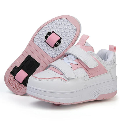 Autumn 2025 Kids Walking Shoes Detachable Double Wheel Roller Skates Boy Leather Student Shoe Four Wheeled Children Shoes Girl