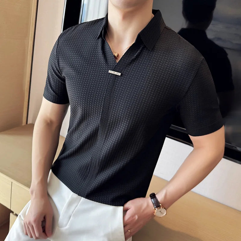 High-Grade Ice Silk Seamless Adhesive Polo Shirt, High-Elastic V-neck Thin Waffle Short-Sleeved Golf Shirt, T-shirt