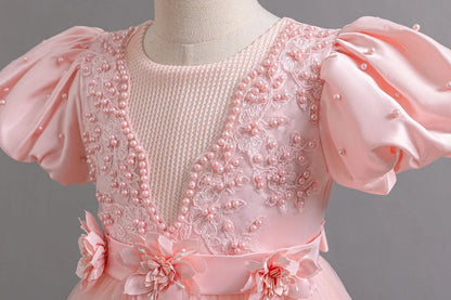 Girl's Pearl Bubble Sleeves Princess Dress 4-12 Years Old Fashionable Flower Lace Satin Dress Birthday Wedding Flower Girl Dress