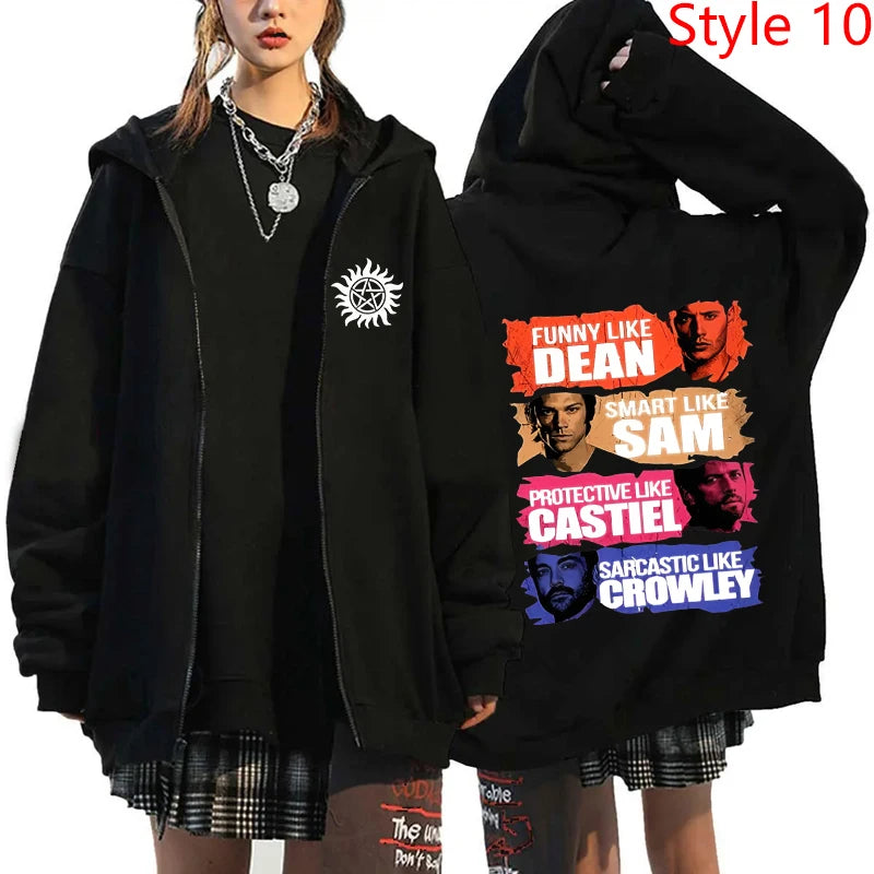 New Supernatural Printed Zipper Hooded Fashion Women Men Sweatshirt Casual Sport Hoodie Personality Zipper Long Sleeve Coat