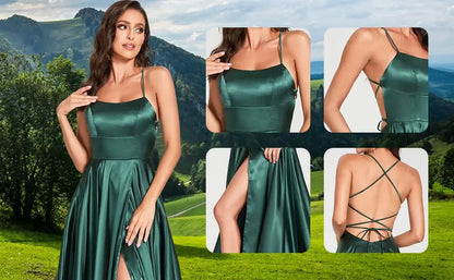 Women Sexy Prom Dresses Lace-Up Spaghetti Straps Backless Sling Evening Dress Satin A-Line High Split Maxi Train Party Gowns