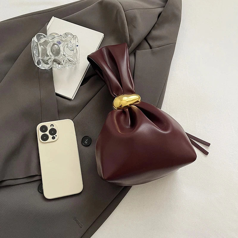 Mini Bolsas de Ombro de Couro PU com Design em Forma de Bolinho, para Mulheres, Modernas, com Nó, Retrô, de Pulso, Bolsas de Mão e Carteiras