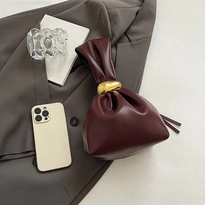 Mini Bolsas de Ombro de Couro PU com Design em Forma de Bolinho, para Mulheres, Modernas, com Nó, Retrô, de Pulso, Bolsas de Mão e Carteiras