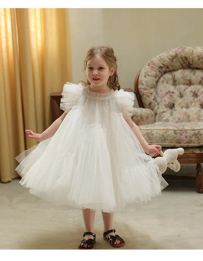 Girls Handmade Splicing Fluffy Gauze Princess Dress Summer New Foreign Dresses Party Dress for Kids Girl