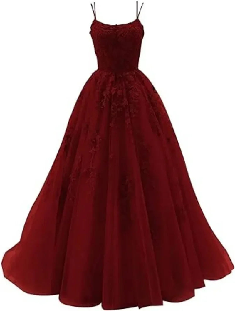 Tulle Spaghetti Straps Prom Dresses Long Lace Appliques Ball Gowns for Women