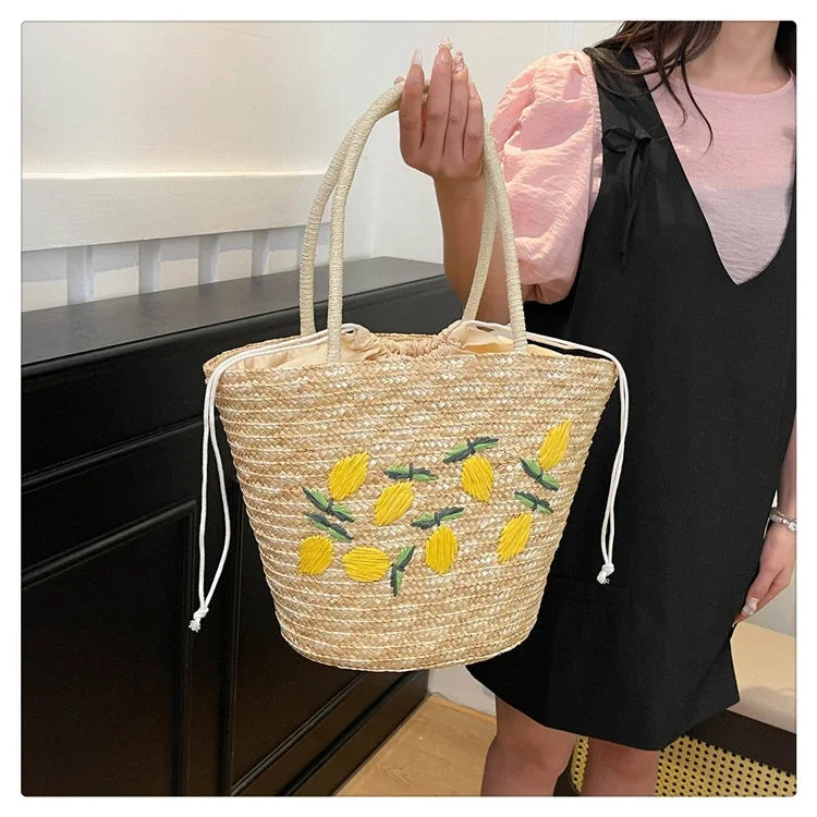 Embroidery Fruit Solid Color Shoulder Bag Straw Woven Hollow Versatile 2025 High Quality Bags for Women New Beach Handbags
