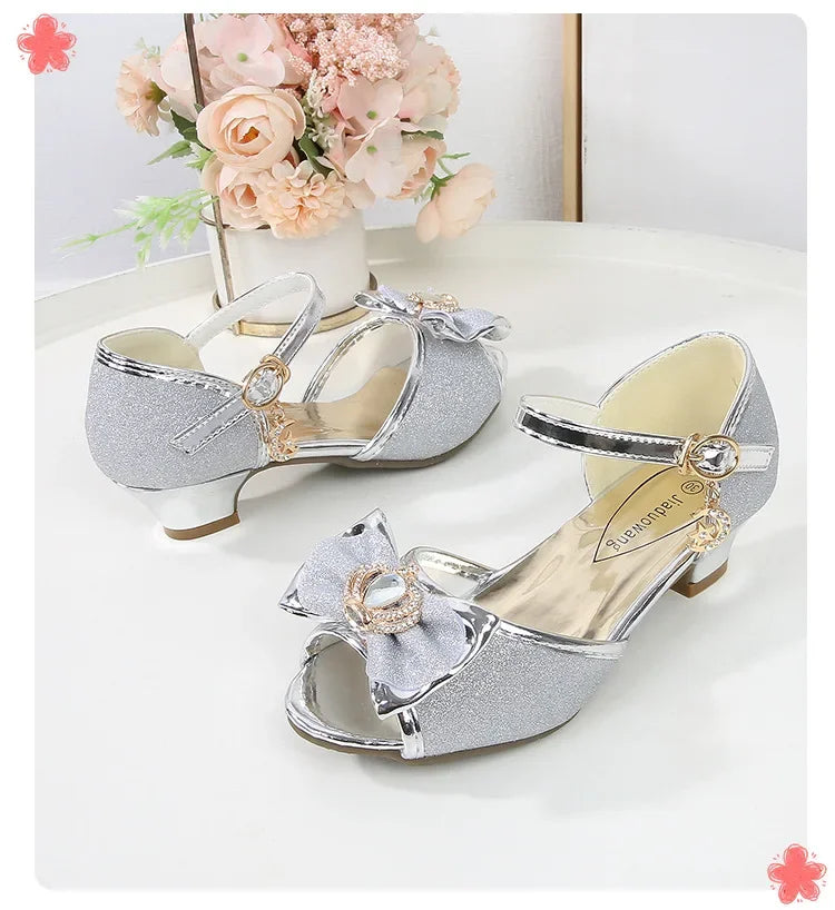 New Girl's High Heel Shoes for Kids Party Wedding Fashion Princess Causal Dress Shoes Sequins Versatile Children's Crown Sandals