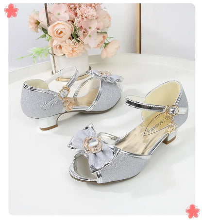New Girl's High Heel Shoes for Kids Party Wedding Fashion Princess Causal Dress Shoes Sequins Versatile Children's Crown Sandals