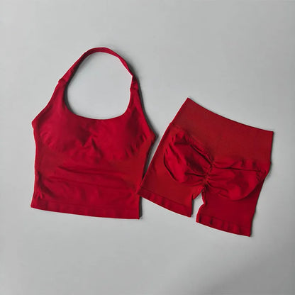 Seamless Halter Neck Yoga Wear Two Piece Women's Push up Sports Bra High Waist Tummy Control Butt Lift Fitness Shorts Set