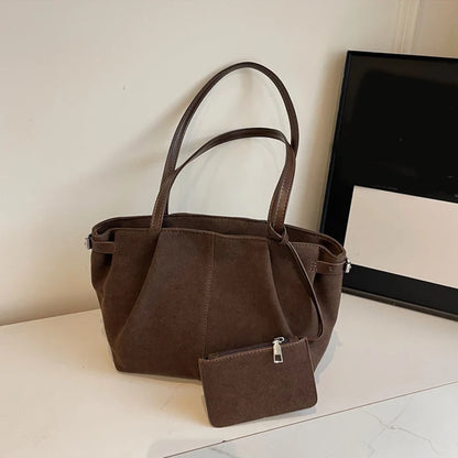 Suede Shoulder Bags for Women Large Suede Totes Lightweight Underarm Bag Casual Shopper Handbag Solid Color Travel Bucket Bags