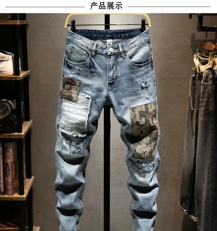 2023 Spring and Autumn New Fashion Trend Ripped Elastic Slim Legs Men's Casual Comfortable Breathable High-Quality Jeans 28-36