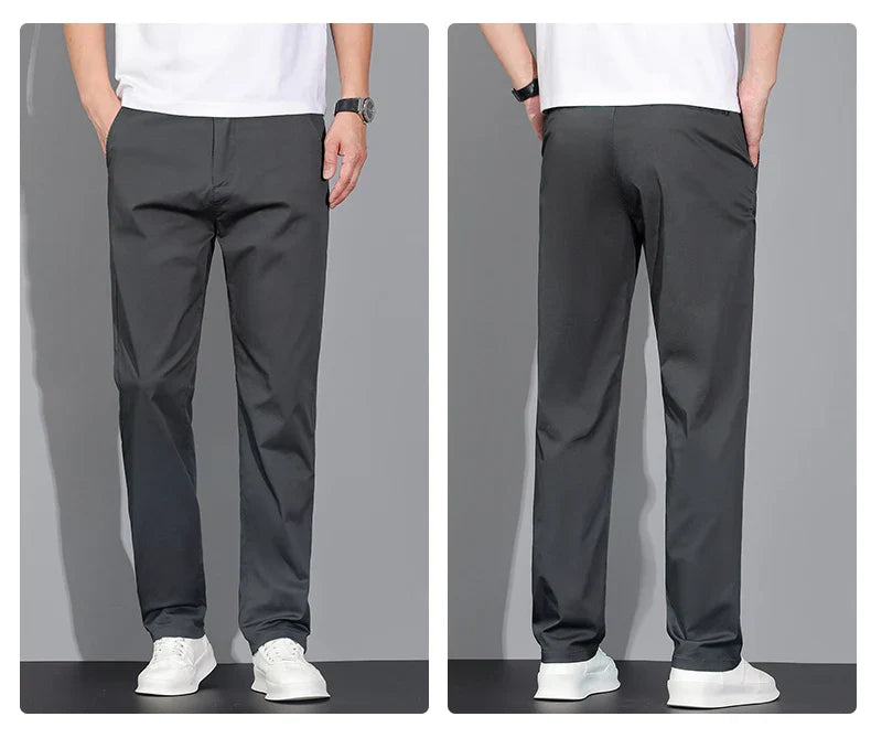 New Men's Business Cotton Thin Straight Pants Casual Elastic Slim Comfortable Male Brand Trousers Black Gray Khaki Royal Blue