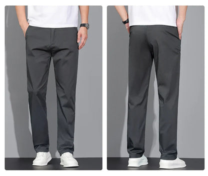 New Men's Business Cotton Thin Straight Pants Casual Elastic Slim Comfortable Male Brand Trousers Black Gray Khaki Royal Blue