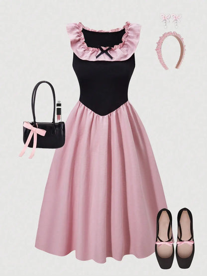 Girls' fashionable and elegant summer dress with outdoor casual square collar design paired with ruffled edge dress
