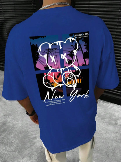 New York Art Word Cartoon Bear Sunset Scenery Design T Shirts Men Fashion Cotton Shirt Loose Summer T Shirts Oversized Tee