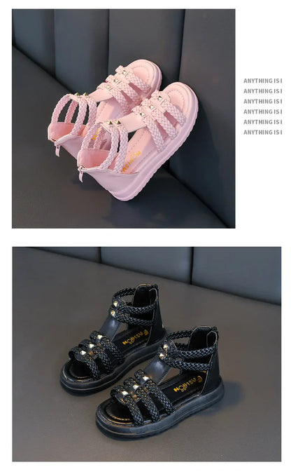 2026 Summer Gladiator Children Sandals Girl Soft Princess Shoes Retro Black Roman Sandal Outdoor Braided Shoe White Kids Shoes