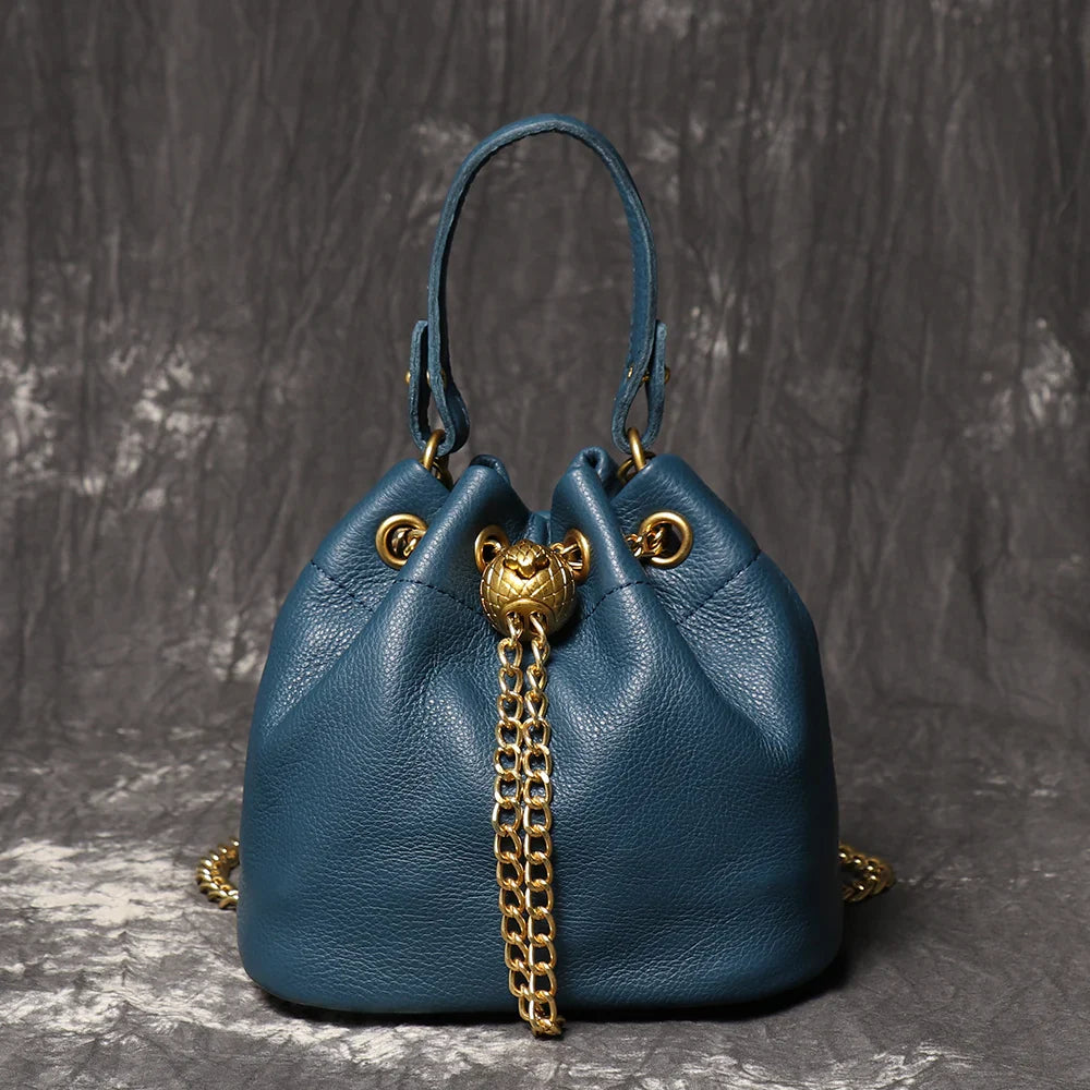Metal Drawstring Versatile Women's Handbag Genuine Leather Chain Crossbody Bag Vintage Bucket Bag Mobile Phone Bag