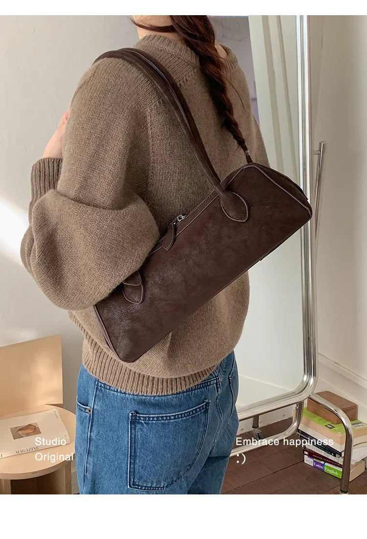 Vintage Suede Long Shoulder Bag 2026 New Women Shoulder Bag Luxury Ladies Handbag Female Commuter Shopping Underarm Bag