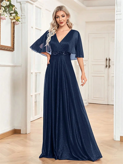 Vestidos de Festa Formais Elegantes com Decote em V e Manga Morcego, Longos e Luxuosos, com Lantejoulas para Mulheres, Casamento, Coquetel, Baile de Formatura