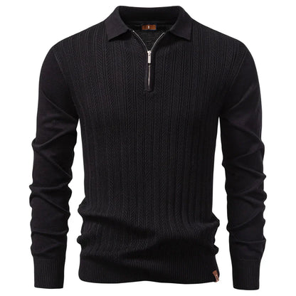 Zip Placket Polo Shirt Men Premium Solid Color Slim Fit Long Sleeve Textured Fabric Business Casual Autumn Winter