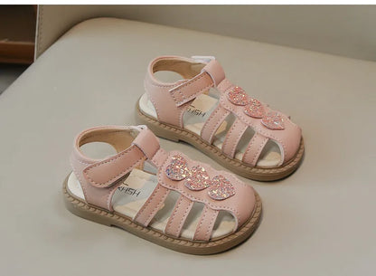 Kid Shoes Children Sandals Bling Heart-shape Summer Girl Princess Shoe Flat Heel Sandals Children Girls Performance Shoes I03022