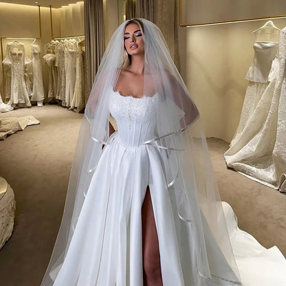 Elegant A-Line Wedding Dresses Strapless Side Slit Bridal Dress Women Appliques Evening Wedding Prom Gowns Customized