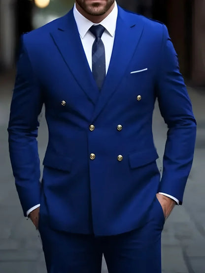 2026Business No-IronDouble-BreastedGolden Button Suit 2pcsTrendy Men's Retro Solid ColorSimpleSlimFit Stylish
