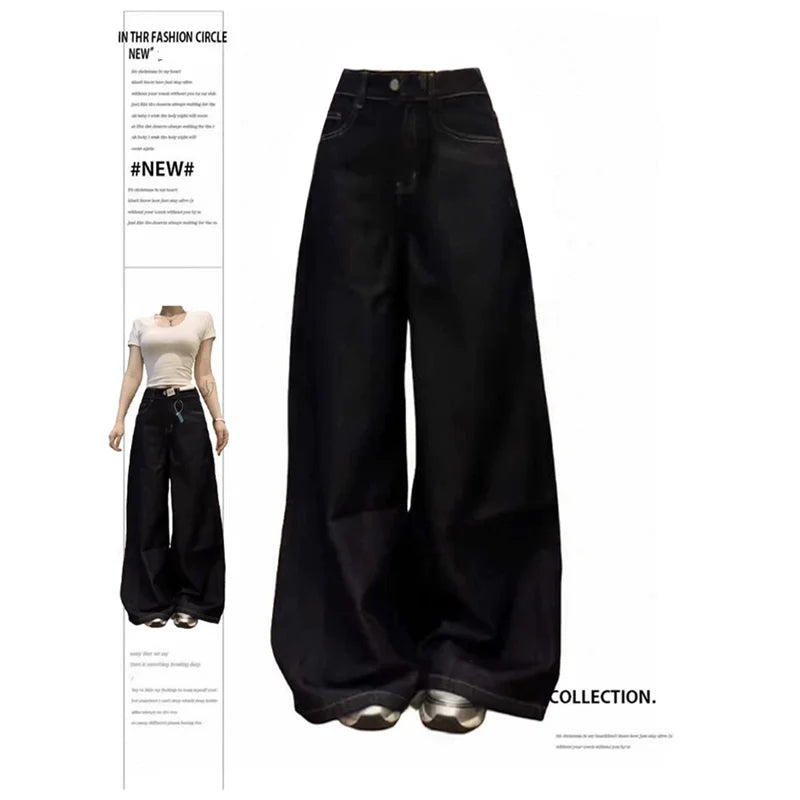 America High Waist Black High Streetwear American Casual Wide Leg Pants Women Jeans Plus Size Basic Baggy Retro Straight Trouser
