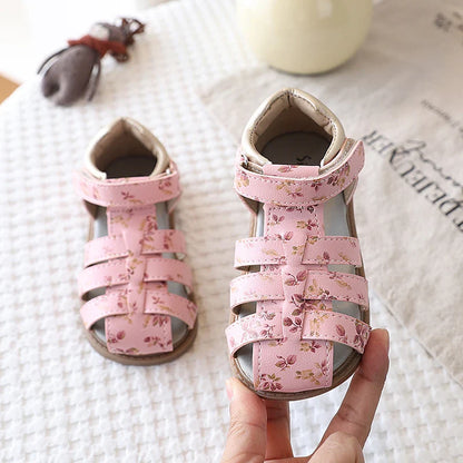 Summer Toddler Girls Floral Closed Toe Sandals Anti-collision Kids Sandal Lovely Hook-loop Sweet Children Beach Shoes 21-30